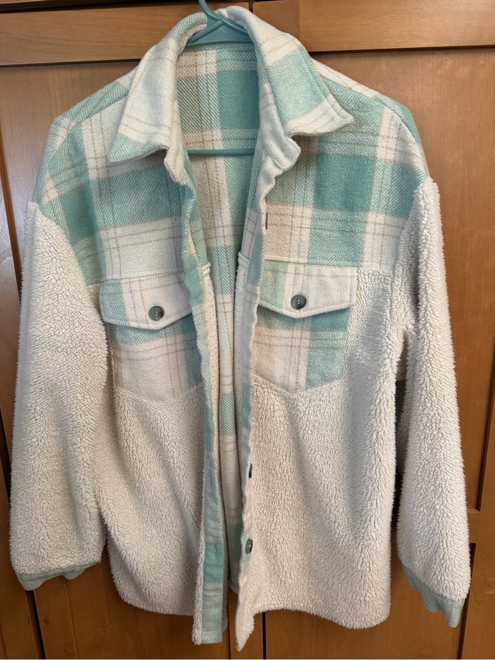 SHEIN Mint Plaid & Cream Sherpa Shirt Jacket